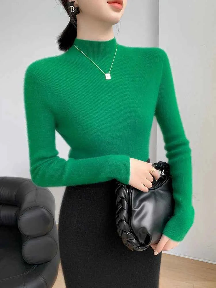 Addonee women's green cashmere sweater with mock neck, soft and warm, perfect for fall and winter.