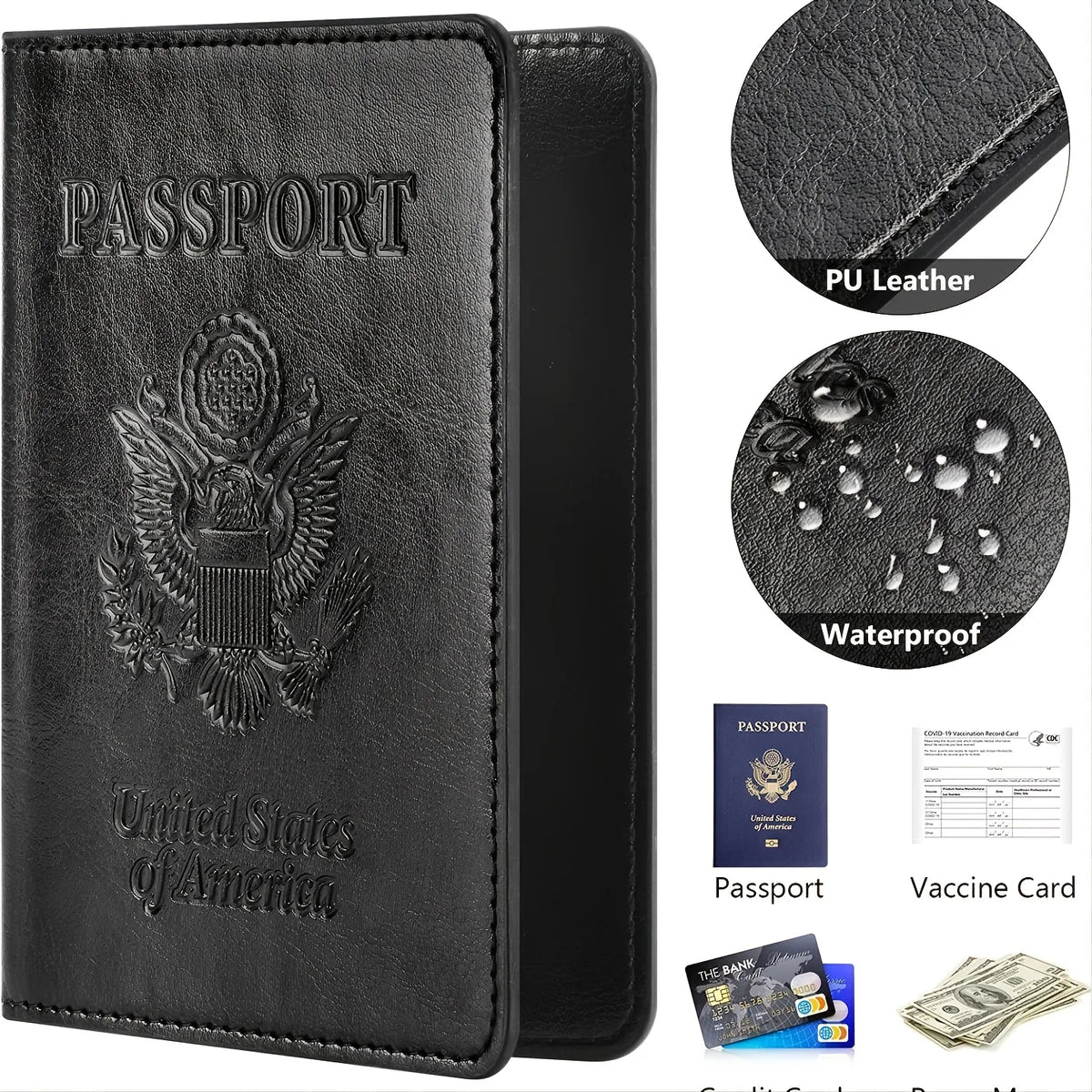 Black leather RFID passport case by AEROCANDY, with organized compartments for secure travel and passport protection.