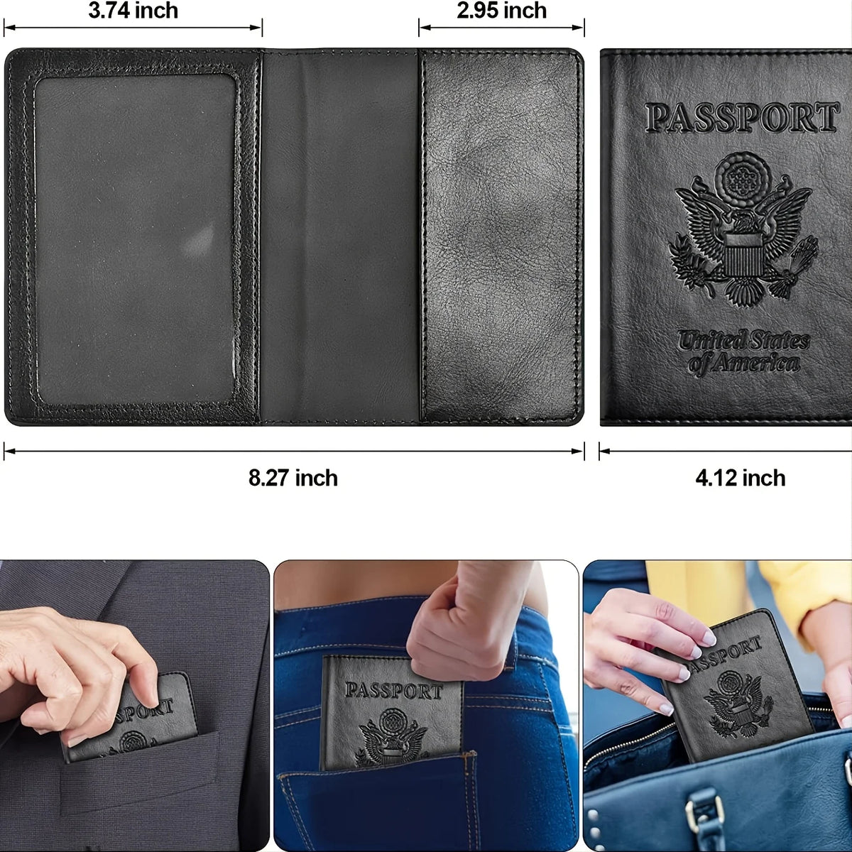 Black leather RFID passport cover by AEROCANDY with sleek design, protecting and organizing your passport during travel.