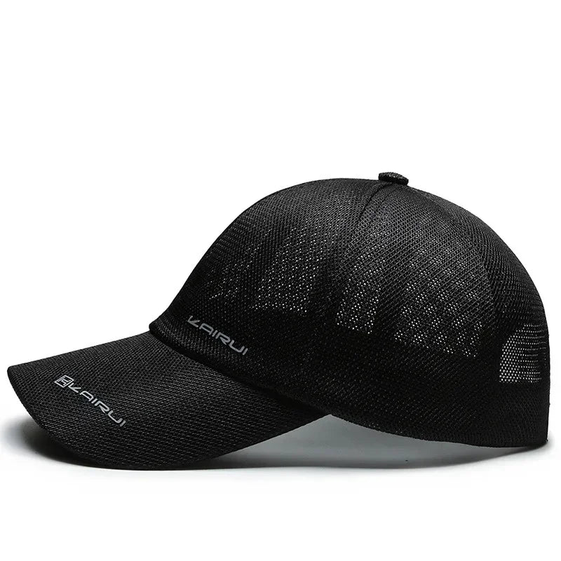 Black AIRUI unisex adjustable baseball cap, summer hip hop hat with sun protection, casual accessory for men and women.