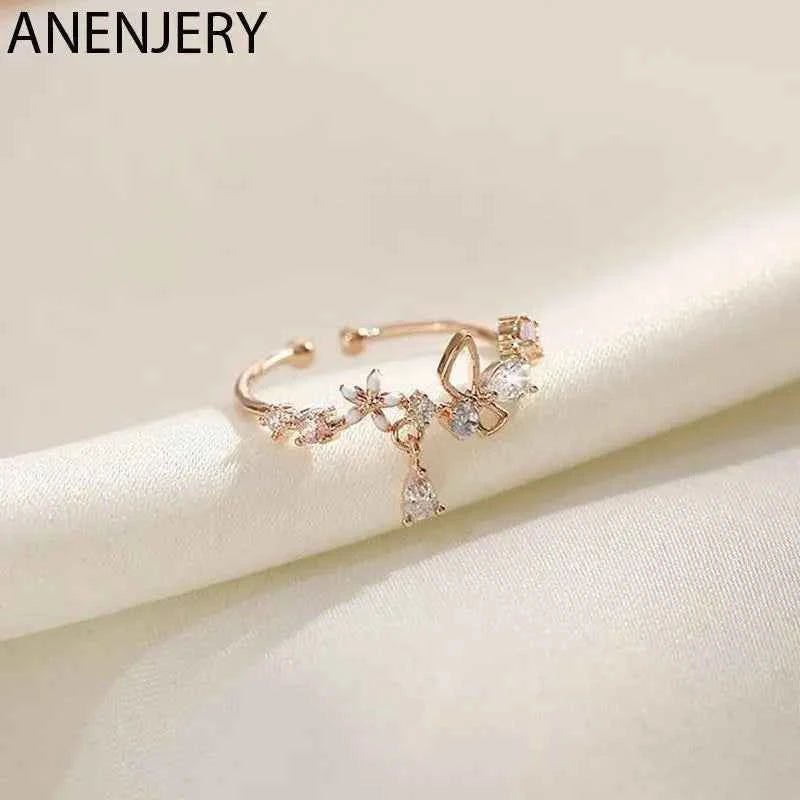 Adjustable rose-red cocktail ring with floral design and sparkling circonia stones by Anenjery, elegant jewelry for women.