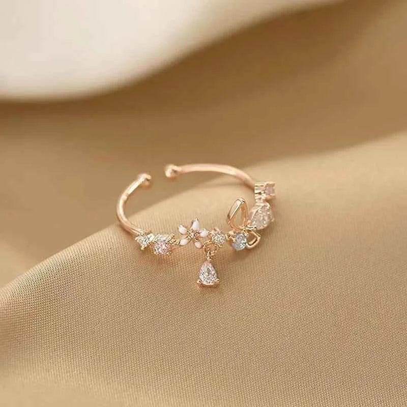 Adjustable rose-red floral cocktail ring by Anenjery with sparkling circonia, elegant design for women.