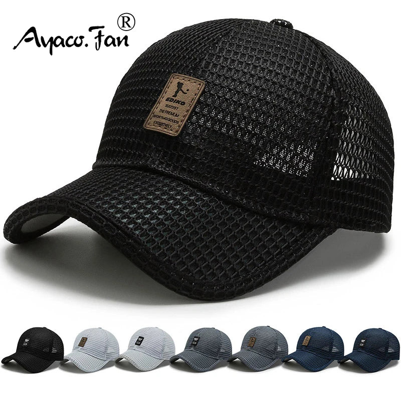 Black breathable mesh snapback cap by Ayaco.Fan, adjustable baseball hat ideal for summer and hip-hop style.