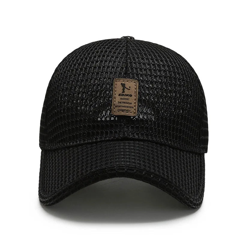 Black breathable mesh snapback cap by Ayaco.Fan, summer baseball hat with adjustable fit, perfect for sun and hip hop style.