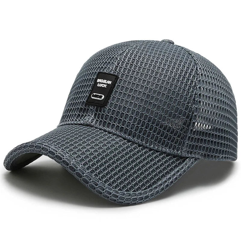 Black breathable mesh baseball cap by Ayaco.Fan, snapback style, adjustable, perfect for summer sun and hip hop fashion.
