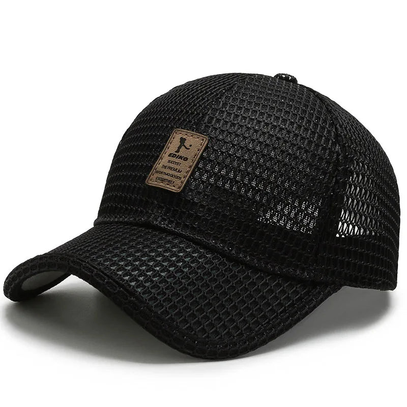 Ayaco.Fan breathable mesh snapback baseball cap in black, adjustable summer hat with sun and hip-hop style.