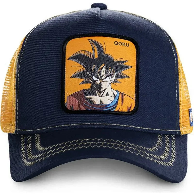 White Bandai Dragon Ball Son Goku baseball cap with embroidered design, adjustable mesh brim for summer hip hop style.