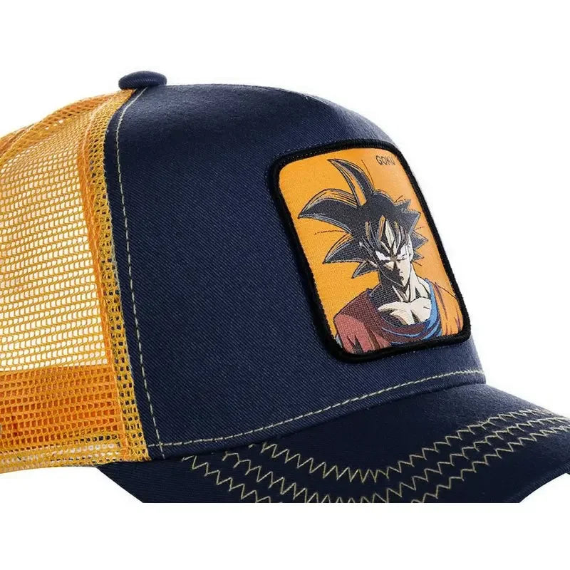 White Bandai Dragon Ball Son Goku summer baseball cap with embroidered design, adjustable mesh back, perfect for casual hip hop style.