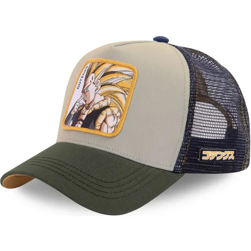 White Bandai Dragon Ball Son Goku baseball cap with embroidered logo, adjustable mesh summer hat, perfect for fans and casual wear.