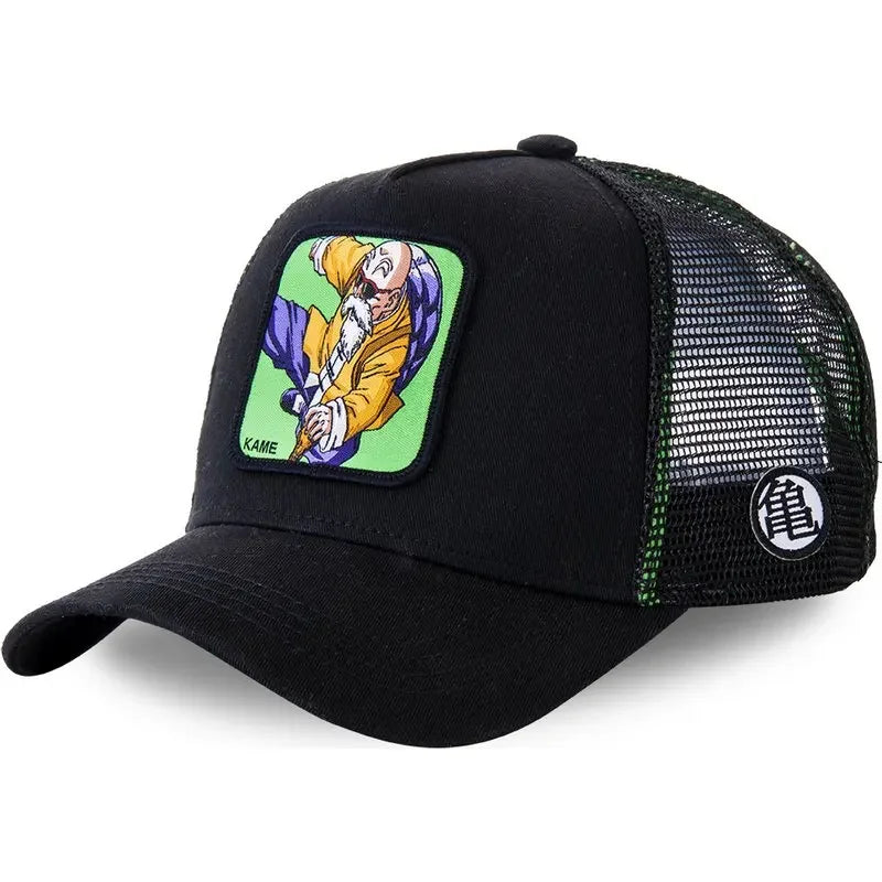 White Bandai Dragon Ball Son Goku baseball cap with embroidered logo, adjustable mesh design, perfect for summer hip-hop style.