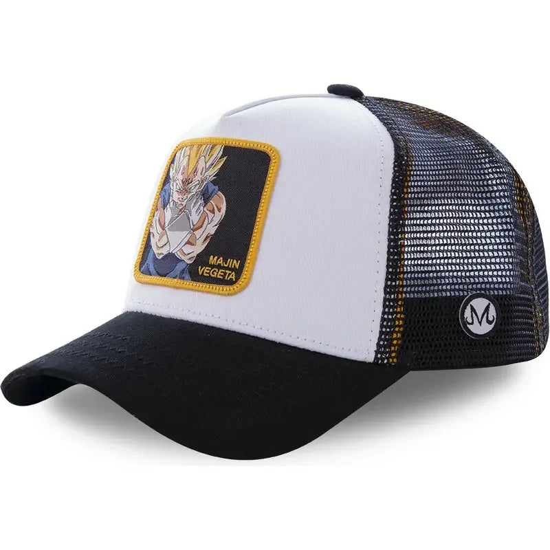 Bandai Dragon Ball Son Goku summer baseball cap with embroidered logo, adjustable mesh brim, white color, perfect for casual wear.