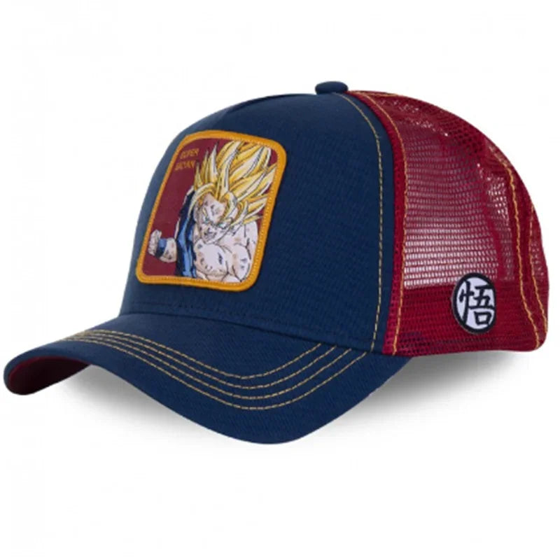 White Bandai Dragon Ball Son Goku baseball cap with embroidered logo, adjustable hip hop style, breathable mesh for summer wear.