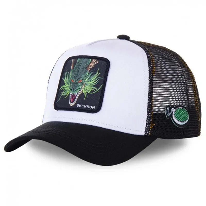 White Bandai Dragon Ball Son Goku baseball cap with embroidered logo, adjustable mesh brim, perfect for summer hip-hop style.
