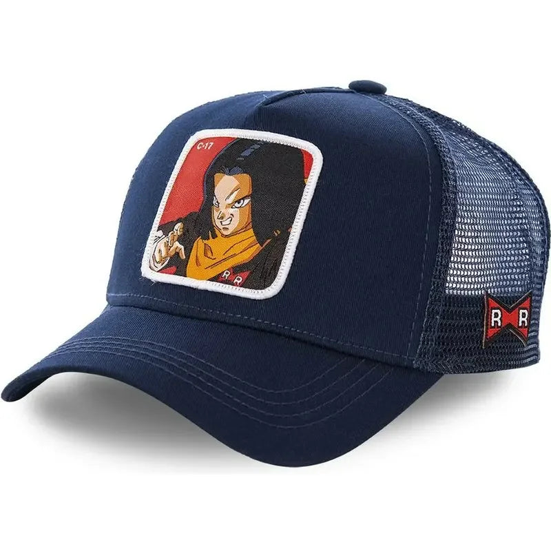 White Bandai Dragon Ball Son Goku baseball cap with embroidered logo, adjustable mesh brim, perfect for summer hip hop style.