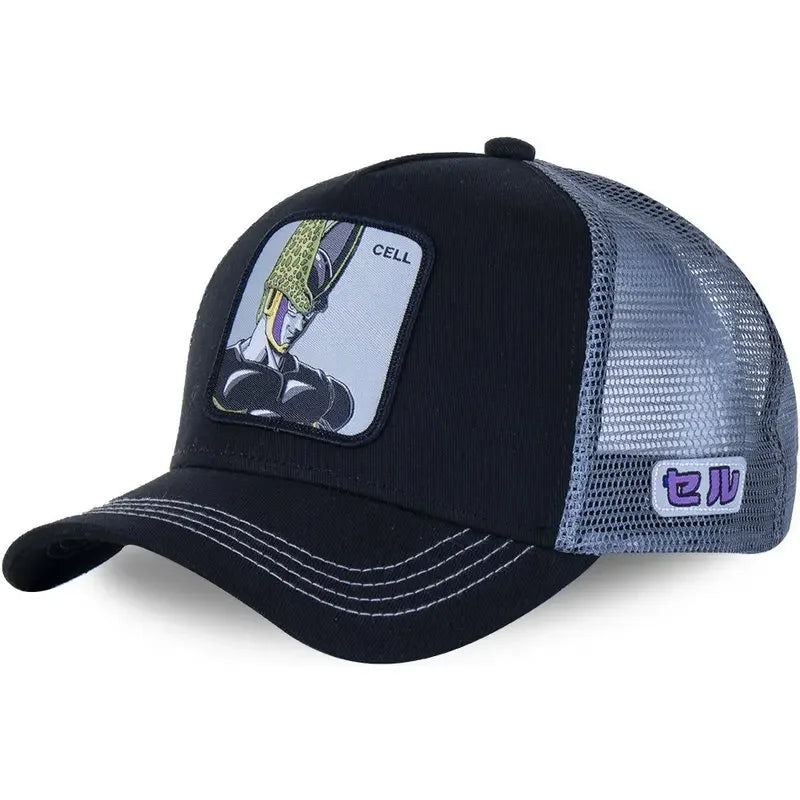 White adjustable baseball cap featuring embroidered Dragon Ball Son Goku design, breathable mesh material, ideal for summer hip-hop style.