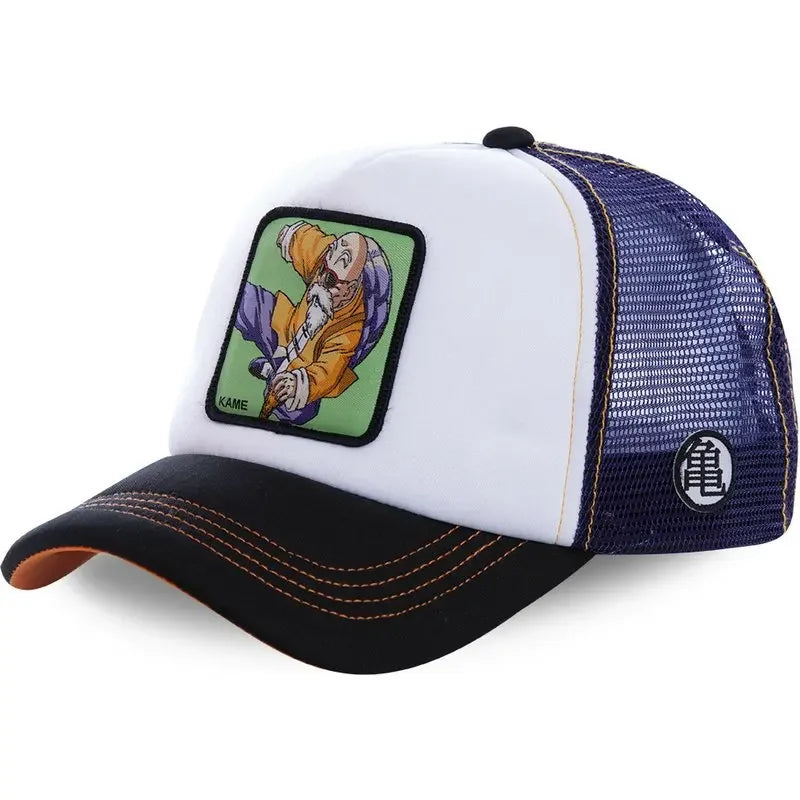 Bandai Dragon Ball Son Goku summer baseball cap, adjustable hip hop style with embroidered logo, breathable mesh material.