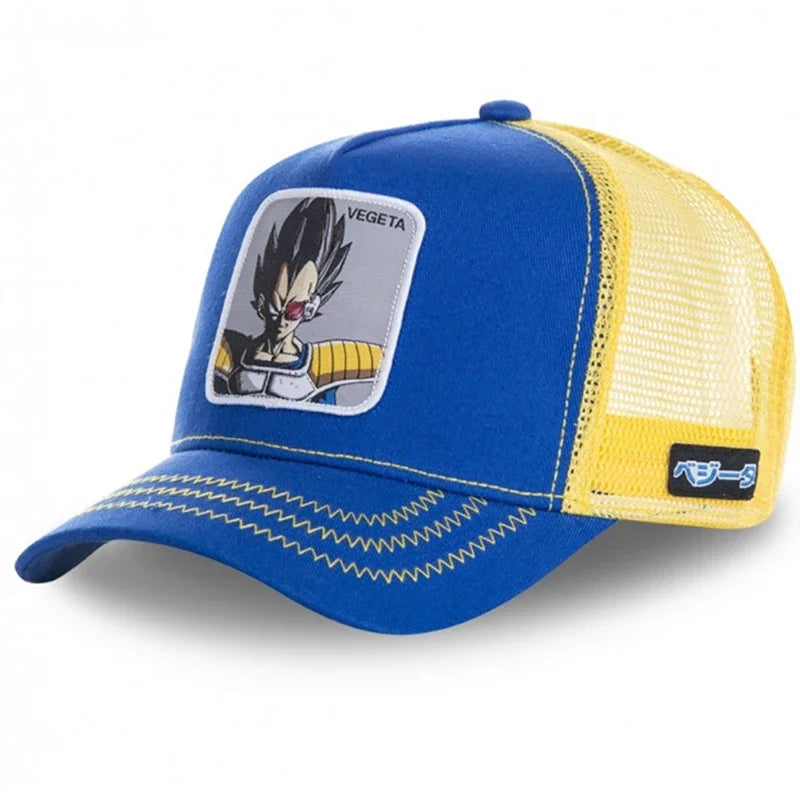 White adjustable baseball cap featuring embroidered Dragon Ball Son Goku design, ideal for summer hip-hop style.