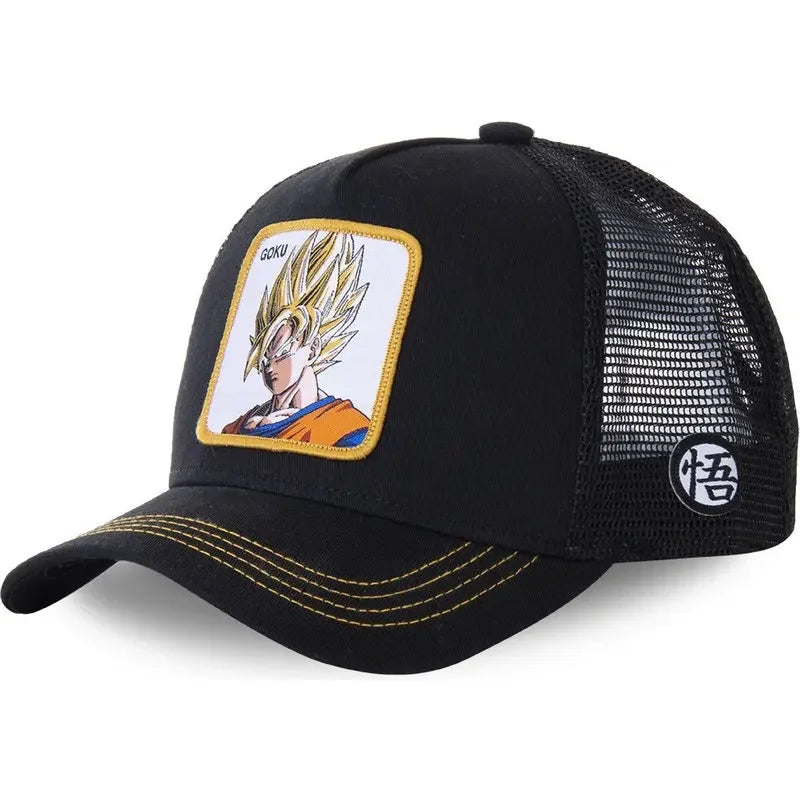 White adjustable baseball cap featuring embroidered Dragon Ball Son Goku design, Bandai brand, breathable mesh for summer wear.