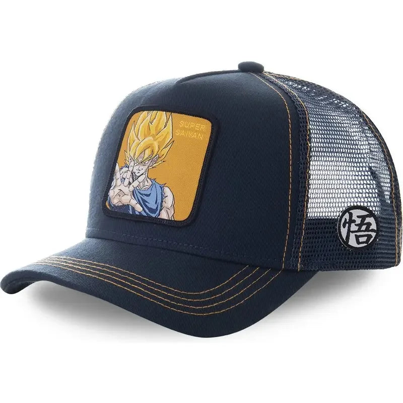 White Bandai Dragon Ball Son Goku summer baseball cap with embroidered design, adjustable mesh, and hip hop style.