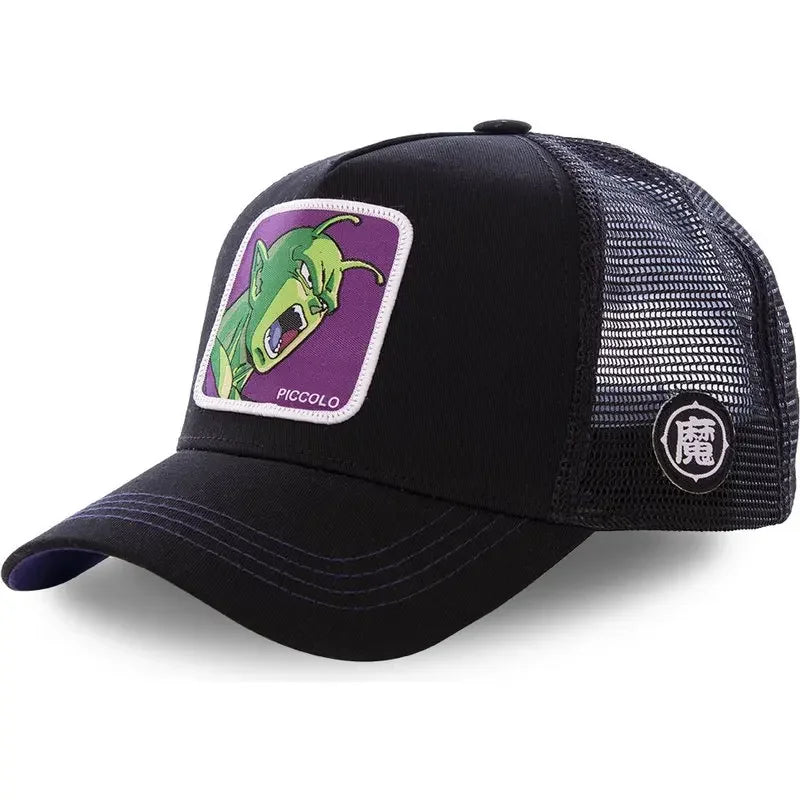 White baseball cap featuring embroidered Dragon Ball Son Goku design, adjustable band, breathable mesh, Bandai accessory.
