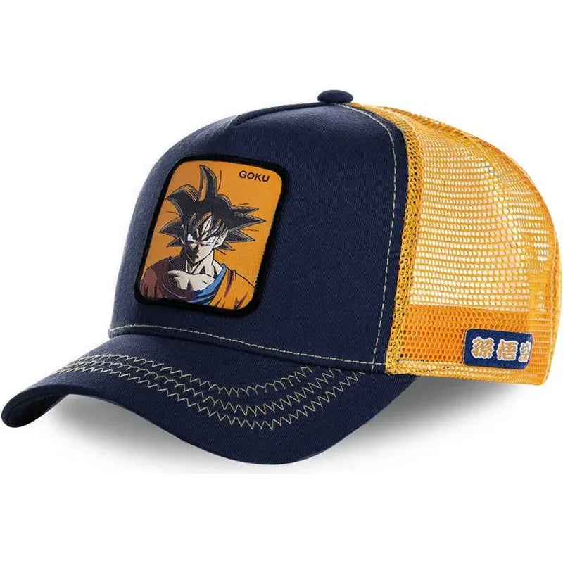 White Bandai Dragon Ball Son Goku baseball cap with embroidered logo, adjustable fit, breathable mesh, perfect for summer hip hop style.