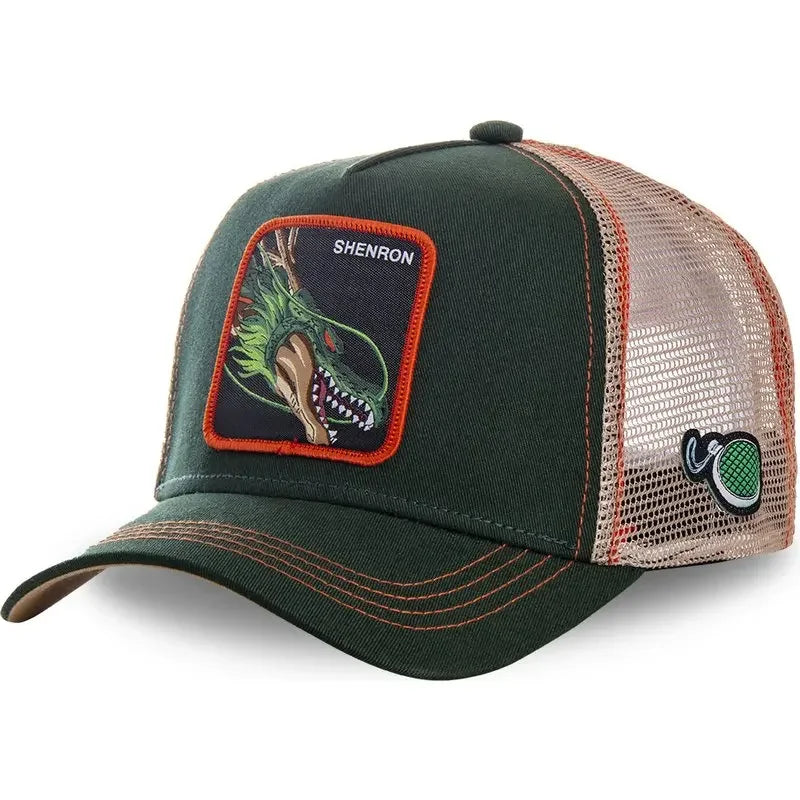 White Bandai Dragon Ball Son Goku baseball cap with embroidered logo, adjustable summer mesh design, perfect for hip hop style.