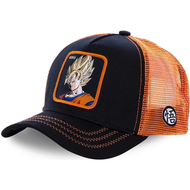 White Bandai Dragon Ball Son Goku summer baseball cap with embroidery, adjustable hip hop style, breathable mesh, 55-60cm size.