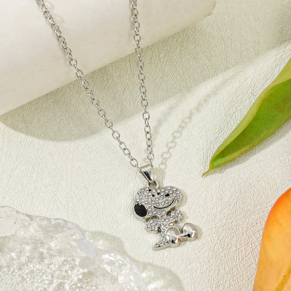 Bandai Snoopy cartoon necklace with full zirconia, perfect for couples, featuring a cute dog pendant on a chain.