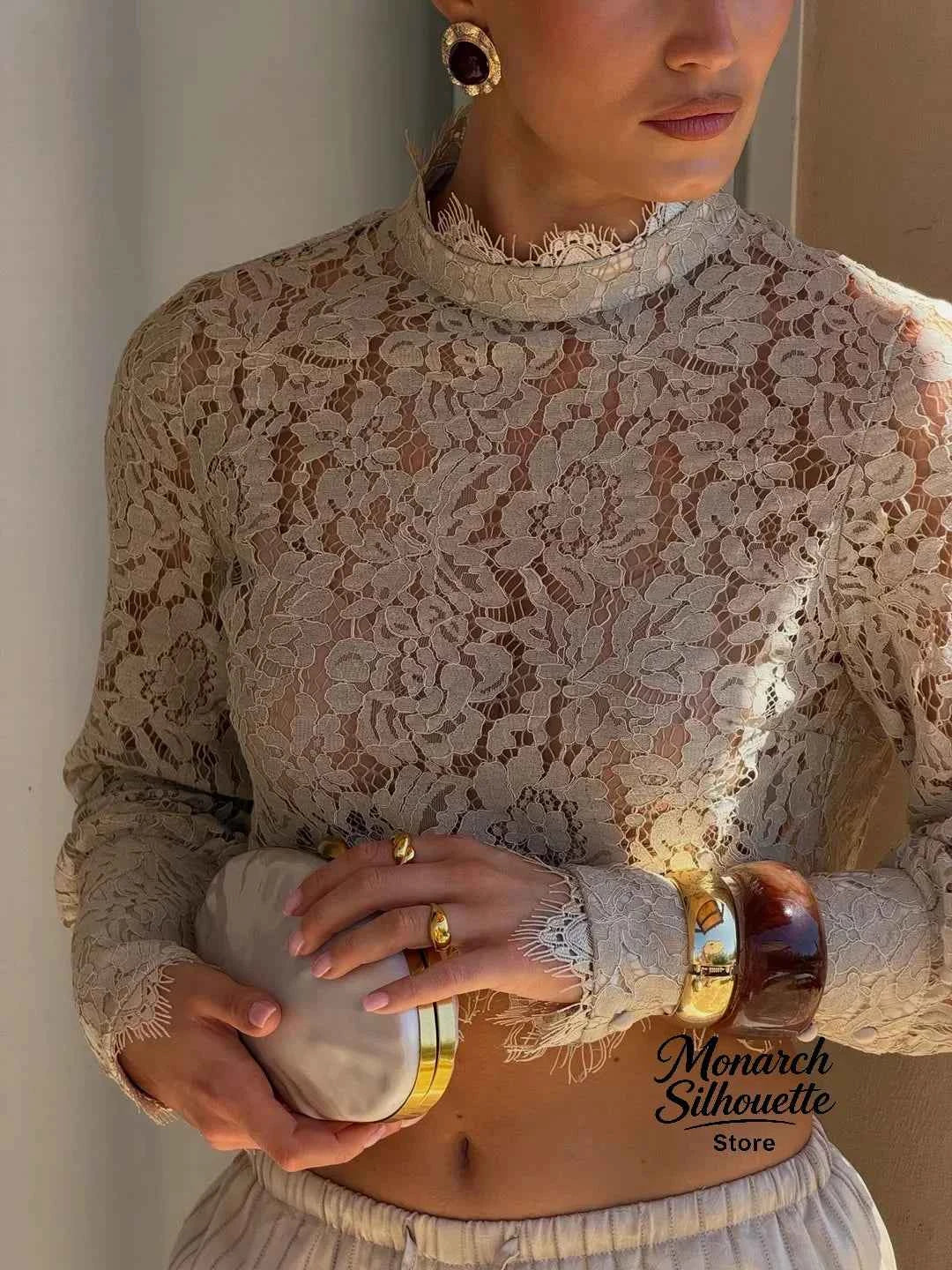 Elegant blue lace women's two-piece set by Beainmmry, featuring a stylish khaki top and comfortable fit for any occasion.