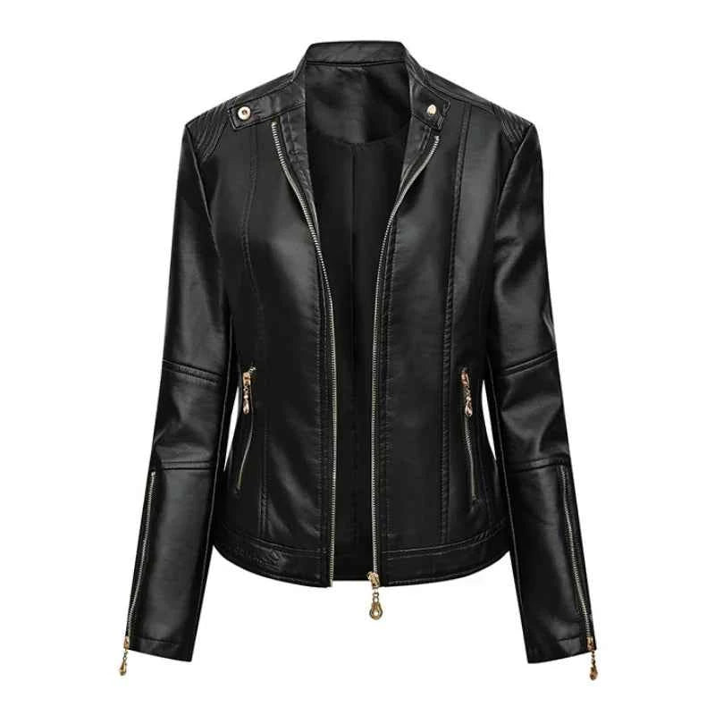 BeckyWalk green synthetic leather jacket for women with Mandarin collar, fitted style, front zippers, and stylish design.