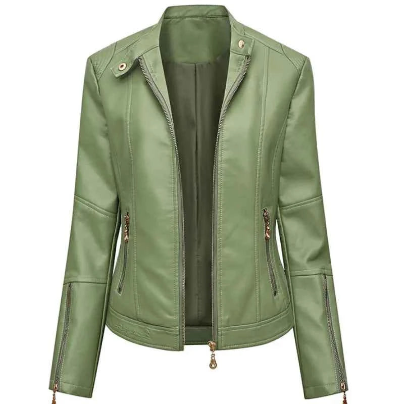 BeckyWalk women's green faux leather jacket with mandarin collar, front zipper, fitted style, designed for casual wear.