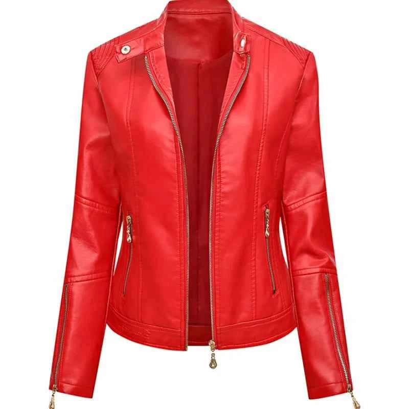 BeckyWalk green women's faux leather jacket with Mandarin collar, front zippers, fitted style, casual outerwear.