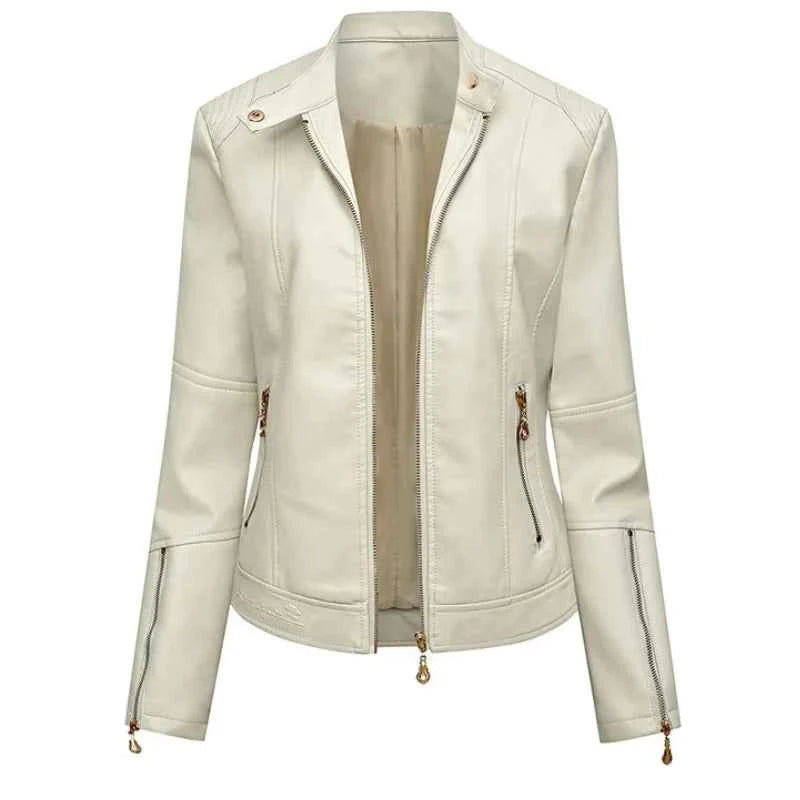 BeckyWalk green faux leather jacket for women with Mandarin collar, zip closures, fitted style, perfect for stylish outdoor wear.
