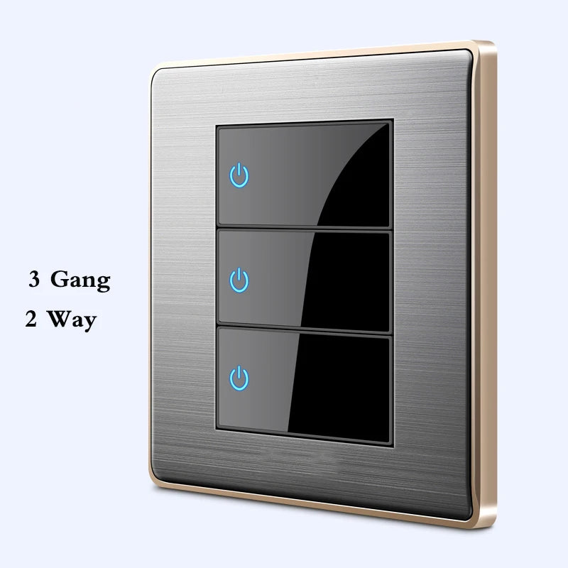 BIHU LED 1-4 Gang stainless steel switch for home lighting, 1/2 Vía, modern design with metallic finish.