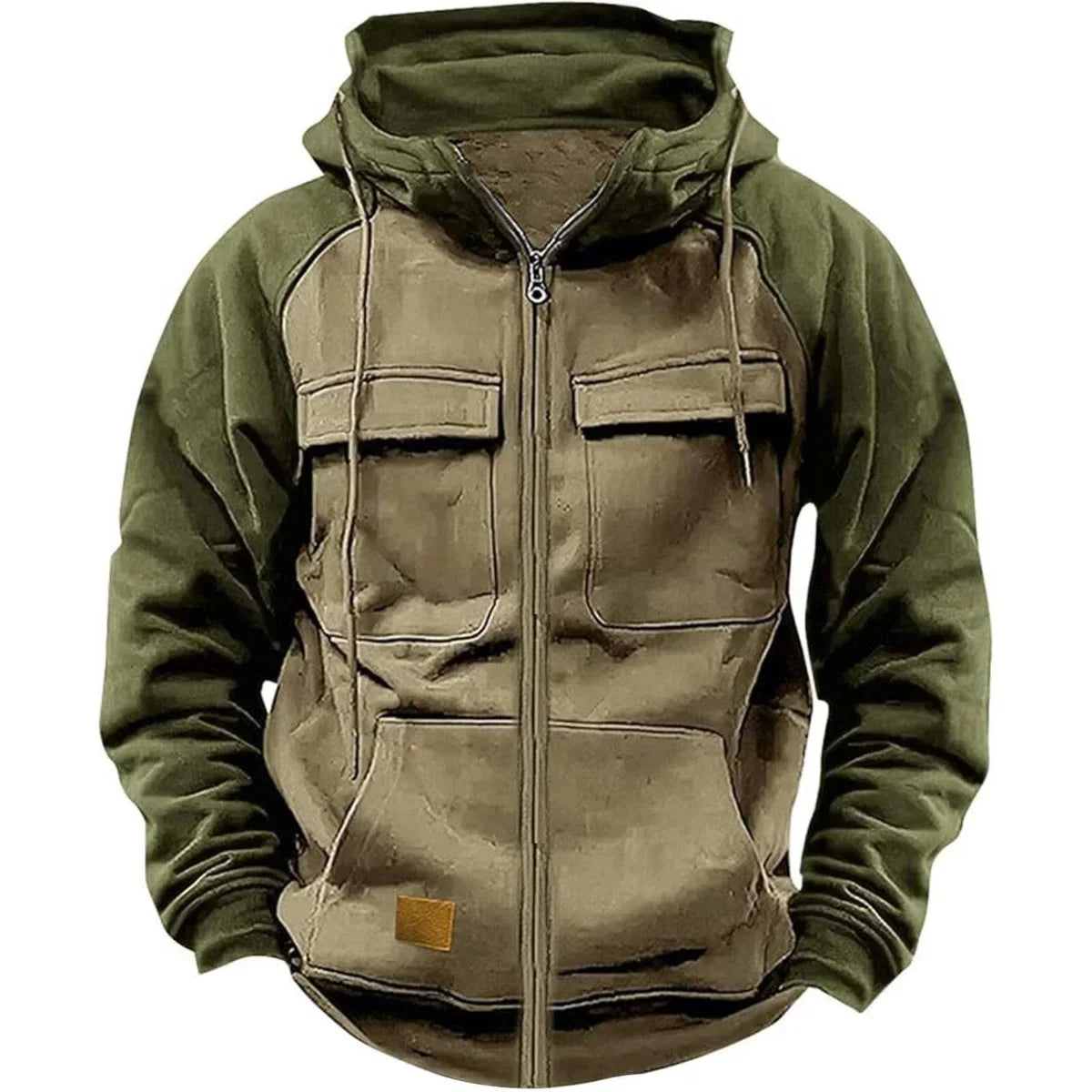 Men's retro military green hoodie by BOILEN HENG XIN with zipper closure, suitable for fall and winter, casual streetwear style.