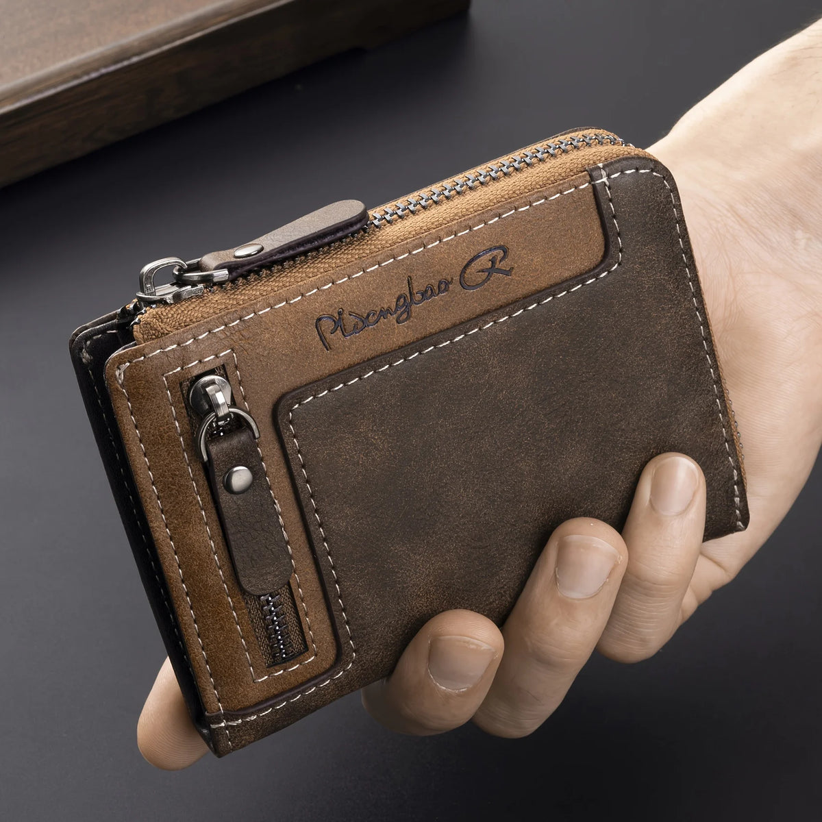 CEXIKA retro short brown wallet with multiple card slots and coin pocket, made of PU leather, stylish and functional accessory.