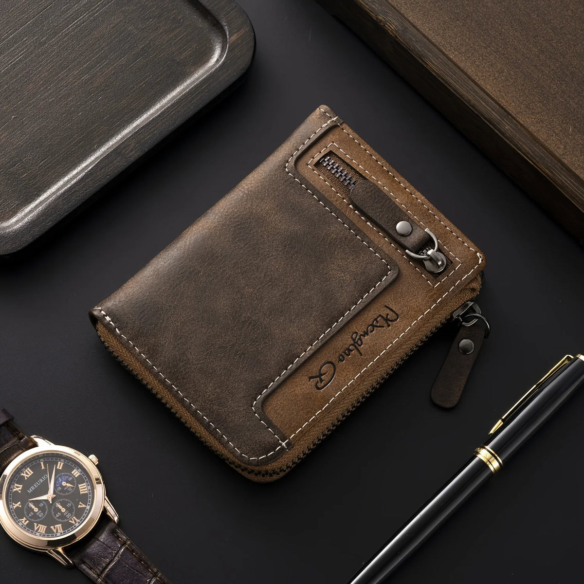 CEXIKA short retro wallet in brown PU leather with multiple compartments, stylish accessory for cards and cash.
