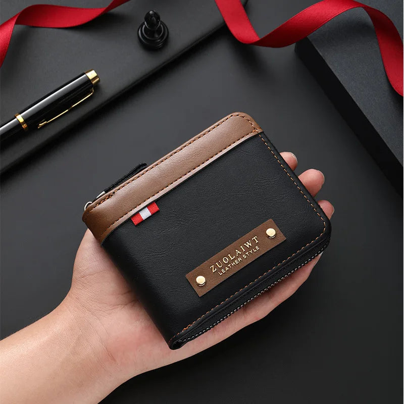 CEXIKA retro men's black leather wallet with triple fold design and hidden pocket, stylish accessories for men.