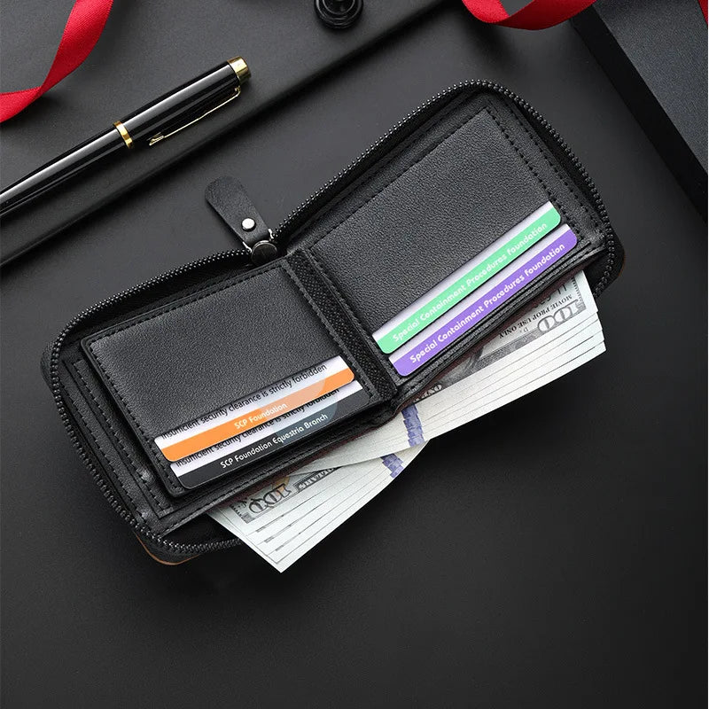 Black CEXIKA men's retro wallet with triple fold design and hidden pocket, made of leather, featuring multiple card slots.