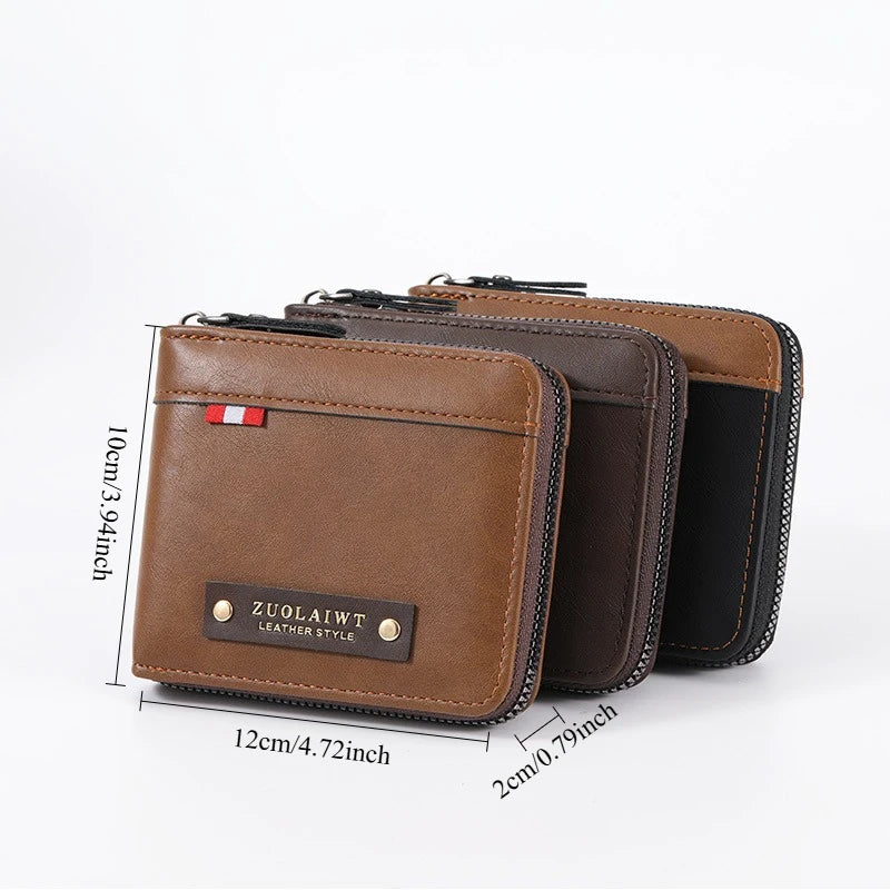 CEXIKA men's black retro triple fold wallet with hidden pocket, made of leather, featuring multiple compartments and a classic design.