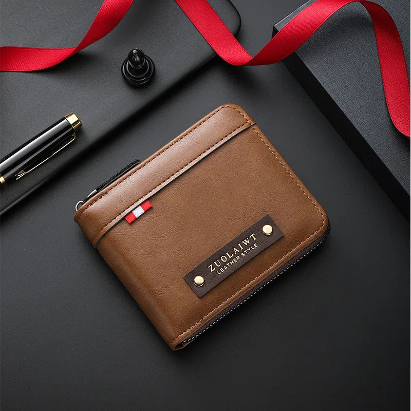 CEXIKA men's black retro leather wallet with triple fold design and hidden pocket for secure storage.