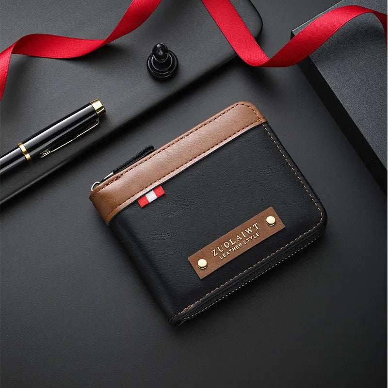 CEXIKA men's black retro leather wallet with triple fold design and hidden pocket, casual accessory for men.