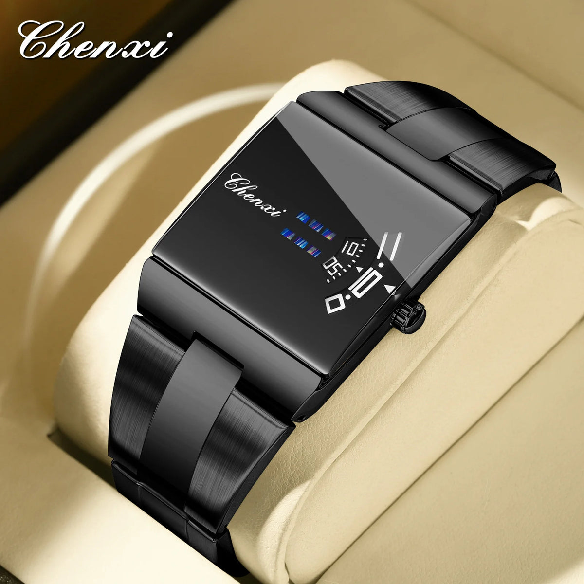 Rectangular orange ChenXi men's quartz sports watch with black dial and silver accents, designed for active wear.