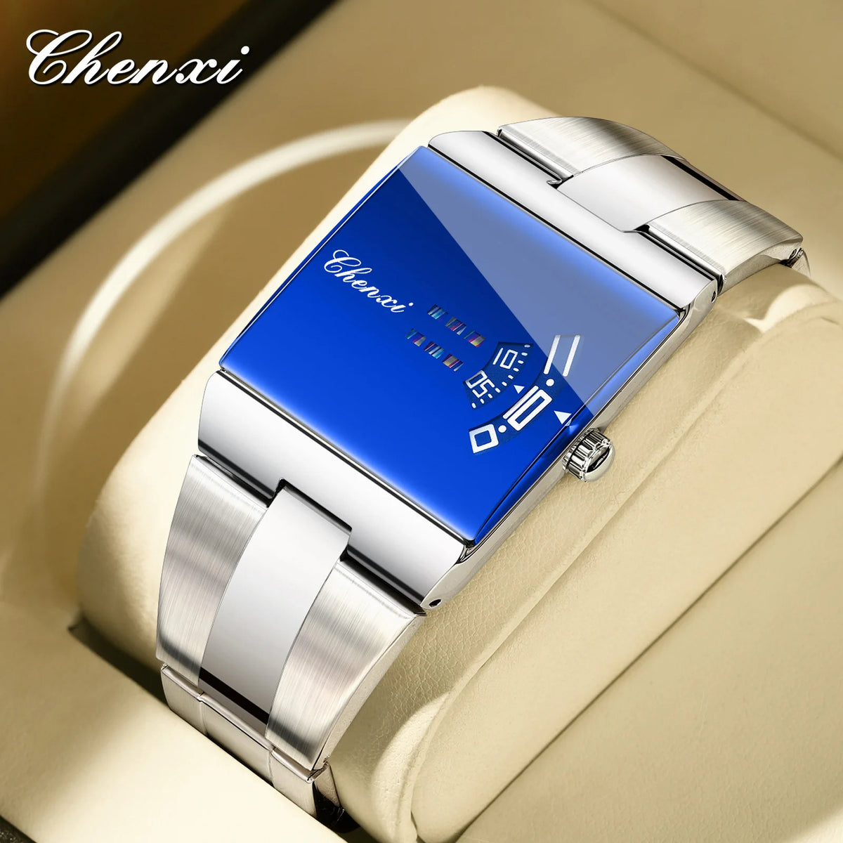 ChenXi rectangular men's sports quartz watch with orange dial, black strap, and durable design for active wear.