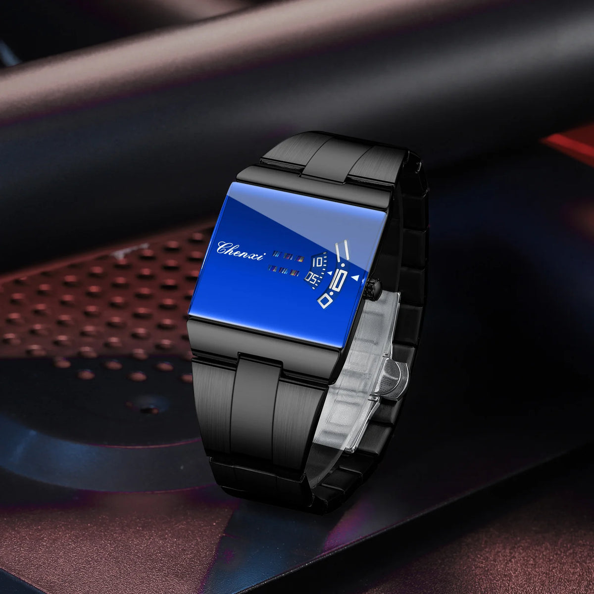 ChenXi men's rectangular sports quartz watch with orange dial and black strap, showcasing a modern, original design.