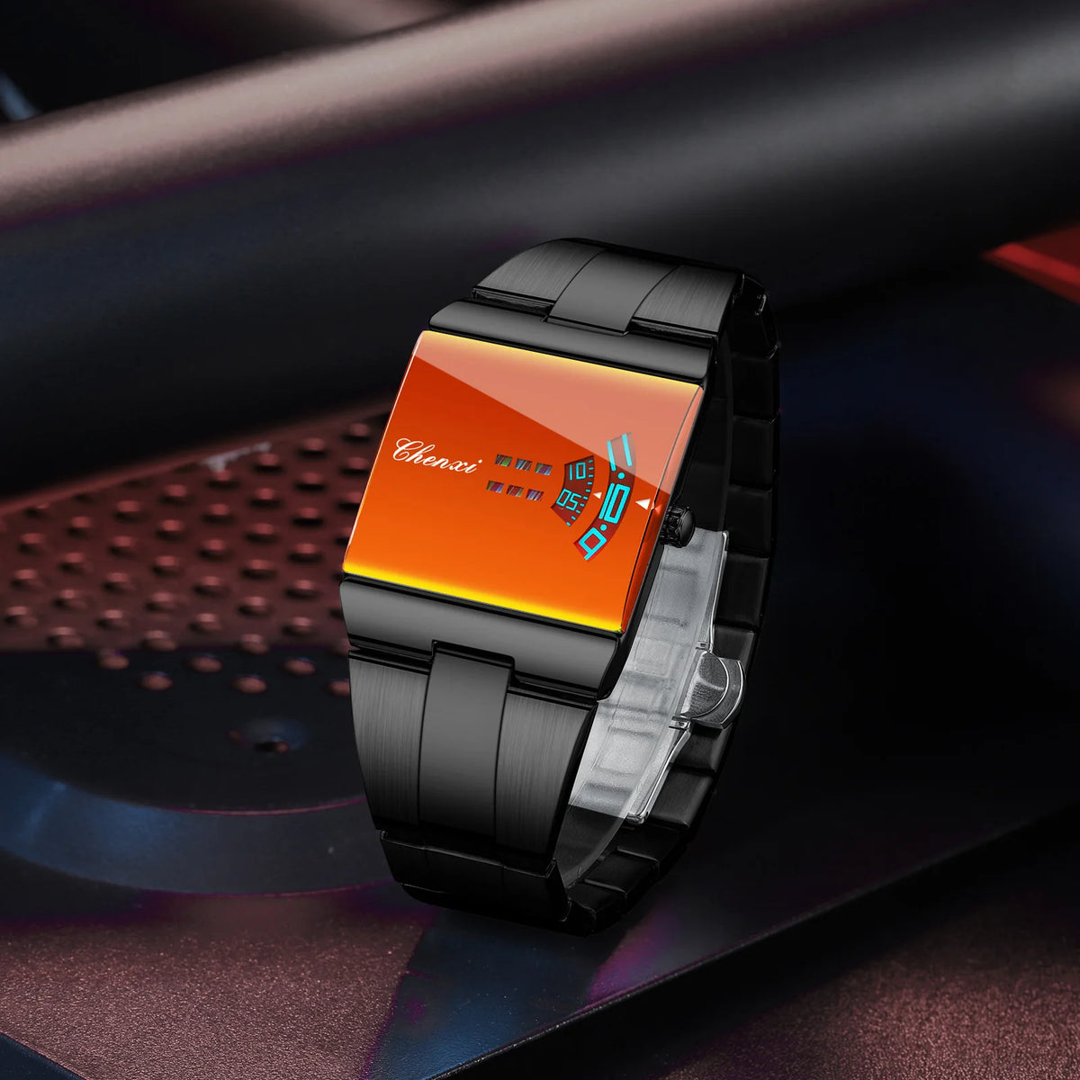 Orange rectangular men's ChenXi quartz sports watch with black strap and digital display showing time and chronograph features.