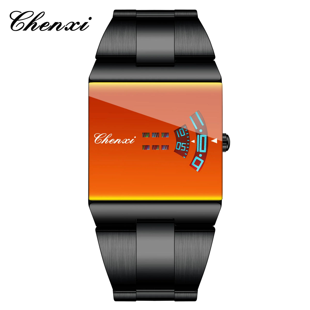 ChenXi men's rectangular sports quartz watch with orange dial and black strap, showcasing a modern, sporty design.