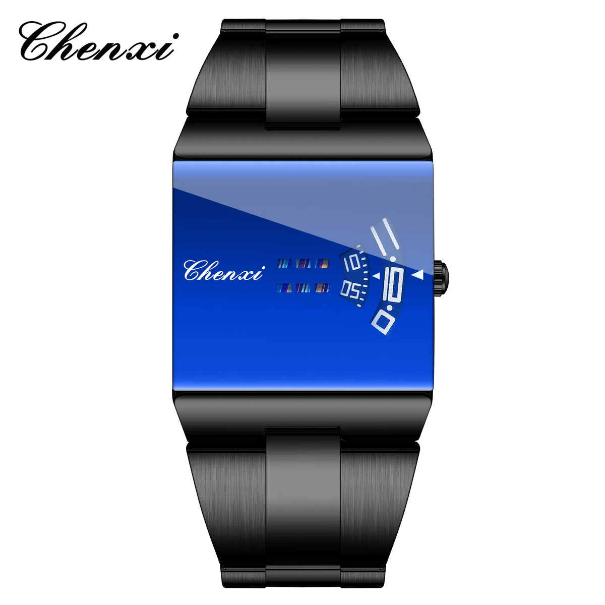 ChenXi rectangular men's sports quartz watch with orange dial and black strap, casual and stylish for everyday wear.