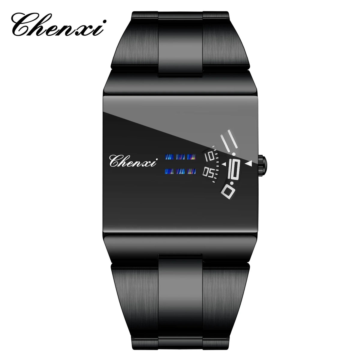 ChenXi rectangular men's sports quartz watch with orange dial and black strap, showcasing a modern, original design.