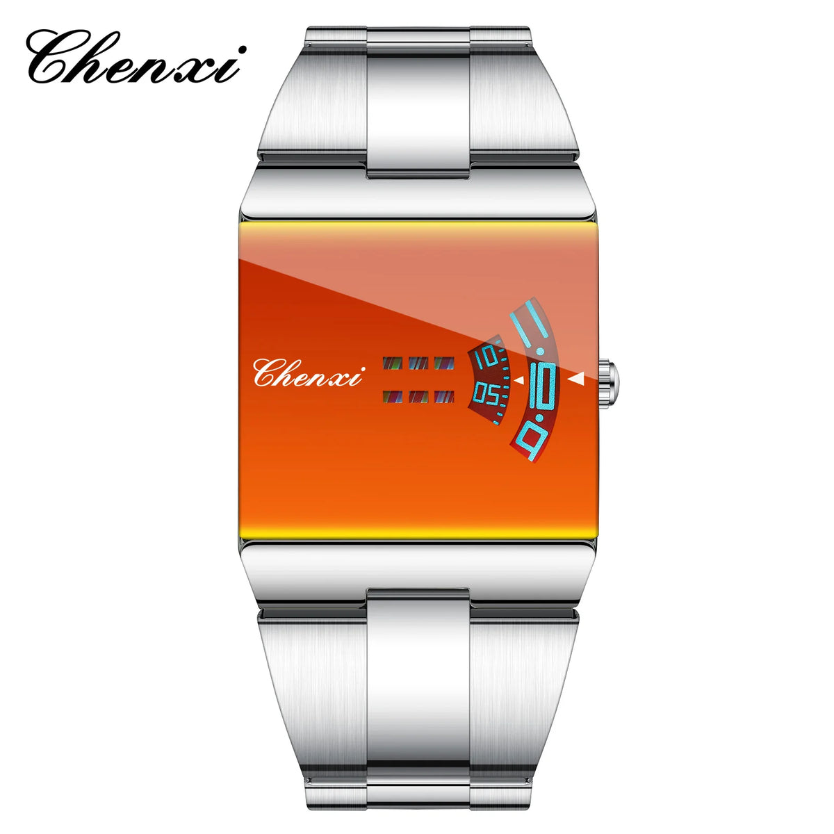 ChenXi men's rectangular sports quartz watch with orange dial and black strap, showcasing a modern, athletic design.